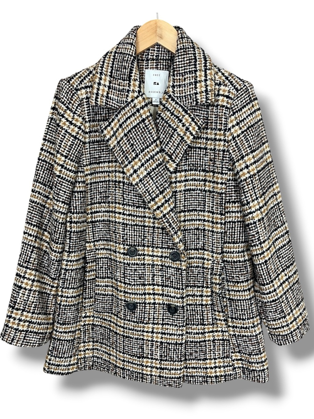 Free Assembly Yarn Texture Chunky Plaid Double-Breasted Pea Coat Size Small